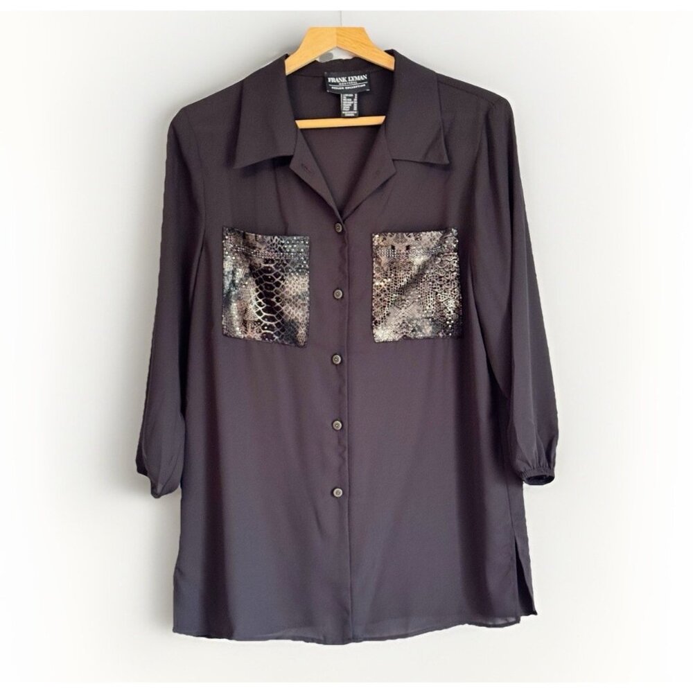 Frank Lyman Black Button Up Sheer Top Size 6 Snake Print Pockets Quiet Luxury